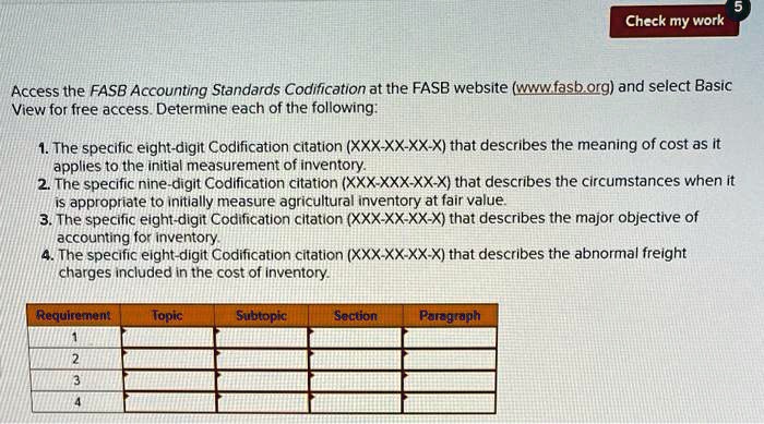 Access the FASB Accounting Standards Codification at the FASB website (www.fasb.org) and select Basic View for free access. Determine each of the following:
1. The specific eight-digit Codification citation (XXX-XX-XX-X) that describes the meaning of cost as it applies to the initial measurement of inventory.
2. The specific nine-digit Codification citation (XXX-XXX-XX-X) that describes the circumstances when it is appropriate to initially measure agricultural inventory at fair value.
3. The specific eight-digit Codification citation (XXX-XX-XX-X) that describes the major objective of accounting for inventory.
4. The specific eight-digit Codification citation (XXX-XX-XX-X) that describes the abnormal freight charges included in the cost of inventory.
