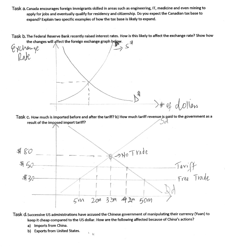 Task a. Canada encourages foreign immigrants skilled in areas such as engineering, IT, medicine and even mining to
apply for jobs and eventually qualify for residency and citizenship. Do you expect the Canadian tax base to
expand? Explain two specific examples of how the tax base is likely to expand.
Task b. The Federal Reserve Bank recently raised interest rates. How is this likely to affect the exchange rate? Show how
the changes will affect the foreign exchange graph below.
Exchange
Rate
S
># of dolless
Task c. How much is imported before and after the tariff? b) How much tariff revenue is paid to the government as a
result of the imposed import tariff?
8050
30
No Trade
Tariff
Free Trade
5m 20m 33m 42m 50m
Task d.Successive US administrations have accused the Chinese government of manipulating their currency (Yuan) to
keep it cheap compared to the US dollar. How are the following affected because of China's actions?
a) Imports from China.
b) Exports from United States.