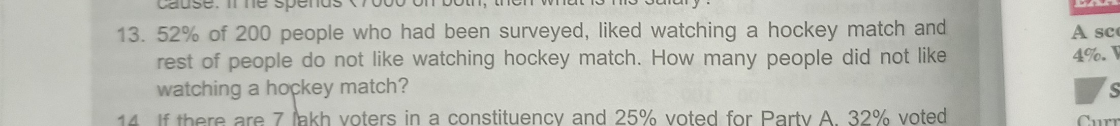 13. 52 % of 200 people who had been surveyed, liked watching a hockey match and rest of people do not like watching hockey match. How many people did not like watching a hockey match?