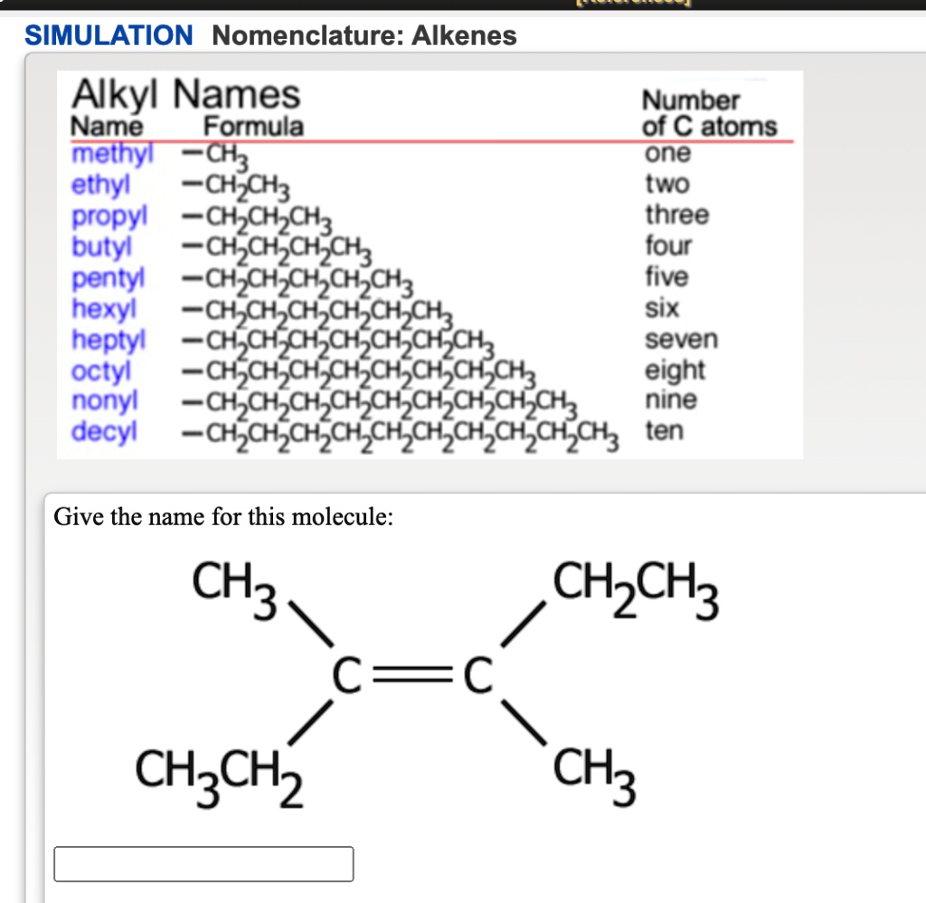SOLVED:SIMULATION Nomenclature: Alkenes Alkyl Names Number Name Formula ...