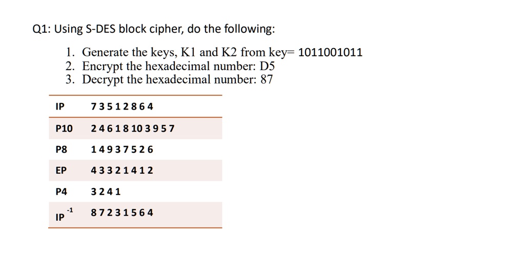 Q1: Using S-DES block cipher, do the following:
1. Generate the keys, K1 and K2 from key= 1011001011
2. Encrypt the hexadecimal number: D5
3. Decrypt the hexadecimal number: 87
IP	73512864
P10	24618103957
P8	14937526
EP	43321412
P4	3241
IP^-1	87231564