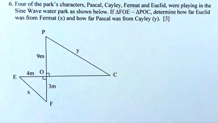 6. Four of the park's characters, Pascal, Cayley, Fermat and Euclid, were playing in the Sine Wave water park as shown below. If FOE ∼POC, determine how far Euclid was from Fermat (x) and how far Pascal was from Cayley (y). [3]