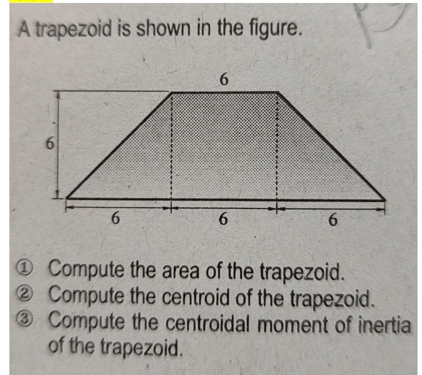 A trapezoid is shown in the figure.
(1) Compute the area of the trapezoid.
(2) Compute the centroid of the trapezoid.
(3) Compute the centroidal moment of inertia of the trapezoid.