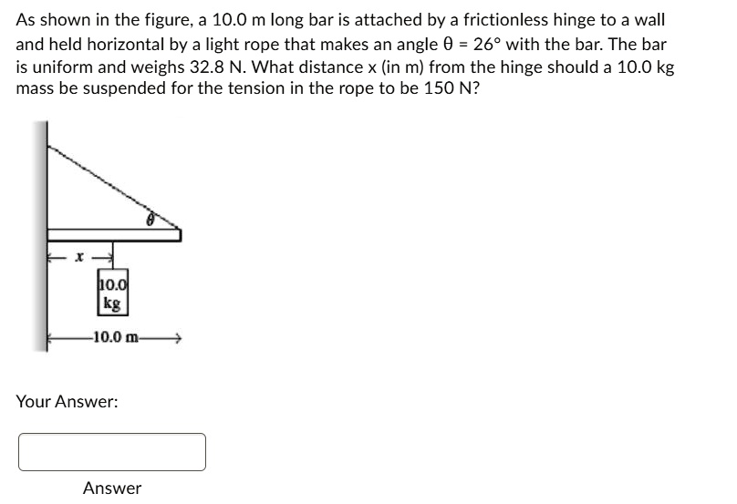 As shown in the figure, a 10.0 m long bar is attached by a frictionless hinge to a wall and held horizontal by a light rope that makes an angle ? = 26° with the bar. The bar is uniform and weighs 32.8 N. What distance x (in m) from the hinge should a 10.0 kg mass be suspended for the tension in the rope to be 150 N?