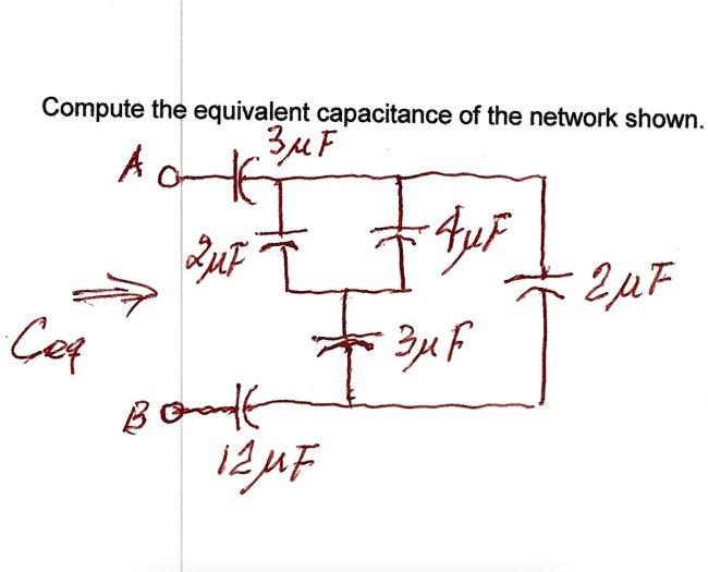 Compute the equivalent capacitance of the network shown 3F
