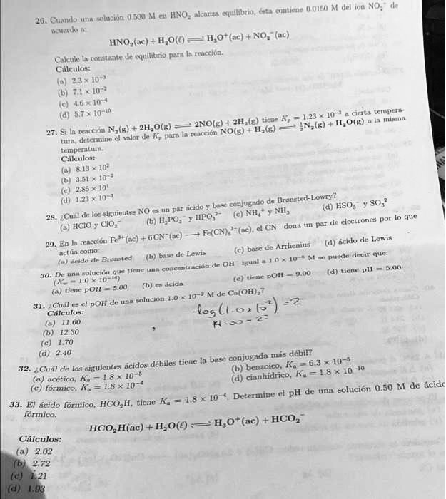 SOLVED: 26.when a solucion 0.500M in HNO2 gets to equilibrium,this ...