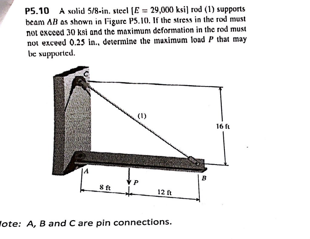 P5.10 A solid 5/8-in. steel [E = 29,000 ksi] rod (1) supports beam AB as shown in Figure P5.10. If the stress in the rod must not exceed 30 ksi and the maximum deformation in the rod must not exceed 0.25 in., determine the maximum load P that may be supported.
Note: A, B and C are pin connections.