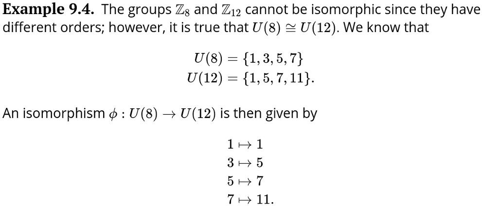 SOLVED: Example 9.4. The Groups Zs And Z12 Cannot Be Isomorphic Since ...