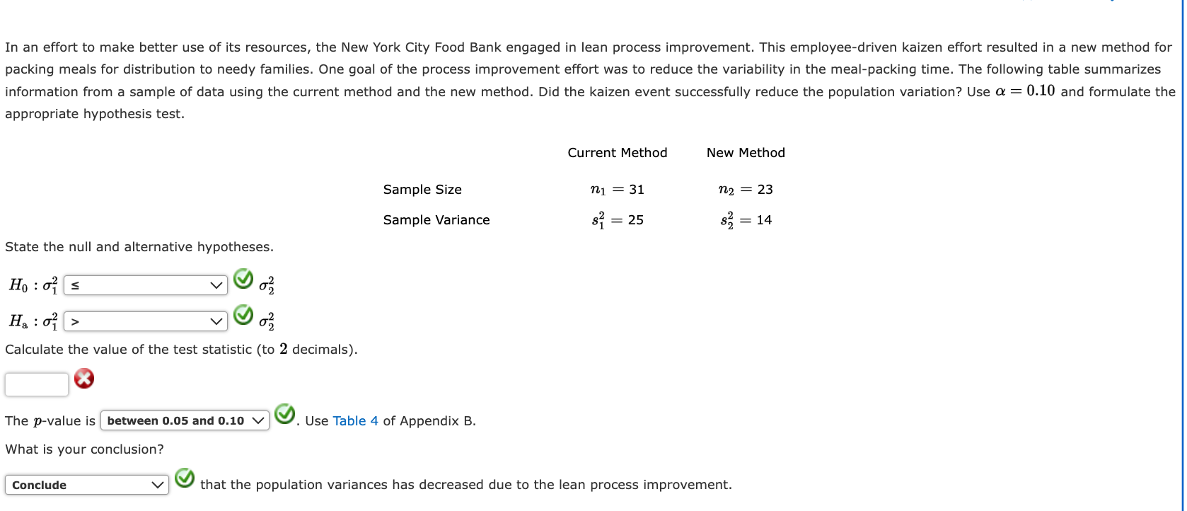 In an effort to make better use of its resources, the New York City Food Bank engaged in lean process improvement. This employee-driven kaizen effort resulted in a new method for packing meals for distribution to needy families. One goal of the process improvement effort was to reduce the variability in the meal-packing time. The following table summarizes information from a sample of data using the current method and the new method. Did the kaizen event successfully reduce the population variation? Use ? = 0.10 and formulate the appropriate hypothesis test.

Current Method                      New Method
Sample Size        n1 = 31           n2 = 23
Sample Variance    s1^2 = 25         s2^2 = 14

State the null and alternative hypotheses.

H0: ?1^2 ? ?2^2
Ha: ?1^2 > ?2^2

Calculate the value of the test statistic (to 2 decimals).

The p-value is between 0.05 and 0.10. Use Table 4 of Appendix B.

What is your conclusion?
Conclude that the population variances has decreased due to the lean process improvement.