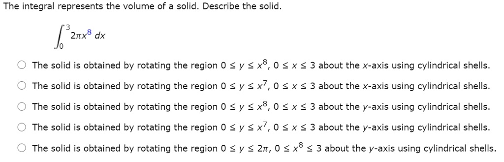 The integral represents the volume of a solid. Describe the...