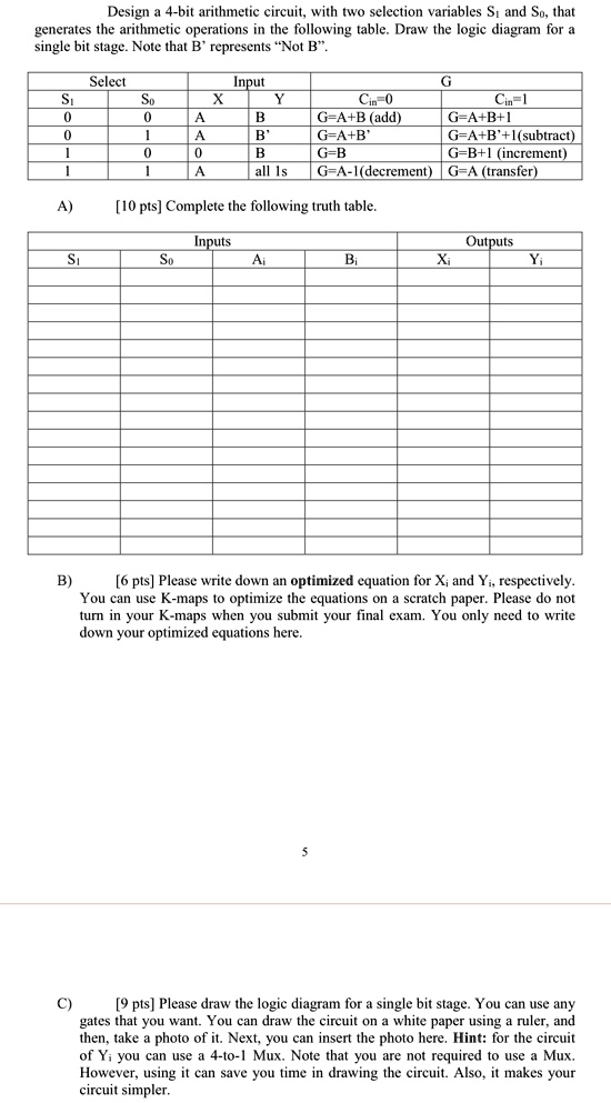 SOLVED: Computer Science Design a 4-bit arithmetic circuit with two ...