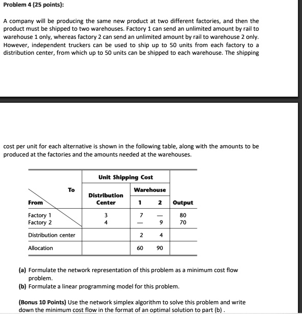 Problem 4 (25 points):

A company will be producing the same new product at two different factories, and then the product must be shipped to two warehouses. Factory 1 can send an unlimited amount by rail to warehouse 1 only, whereas factory 2 can send an unlimited amount by rail to warehouse 2 only. However, independent truckers can be used to ship up to 50 units from each factory to a distribution center, from which up to 50 units can be shipped to each warehouse. The shipping cost per unit for each alternative is shown in the following table, along with the amounts to be produced at the factories and the amounts needed at the warehouses.

Unit Shipping Cost
To | Distribution Center | Warehouse 1 | Warehouse 2 | Output
From | | | |
Factory 1 | 3 | 7 | — | 80
Factory 2 | 4 | — | 9 | 70
Distribution center | | 2 | 4 |
Allocation | | 60 | 90 |

(a) Formulate the network representation of this problem as a minimum cost flow problem.
(b) Formulate a linear programming model for this problem.

(Bonus 10 Points) Use the network simplex algorithm to solve this problem and write down the minimum cost flow in the format of an optimal solution to part (b) .