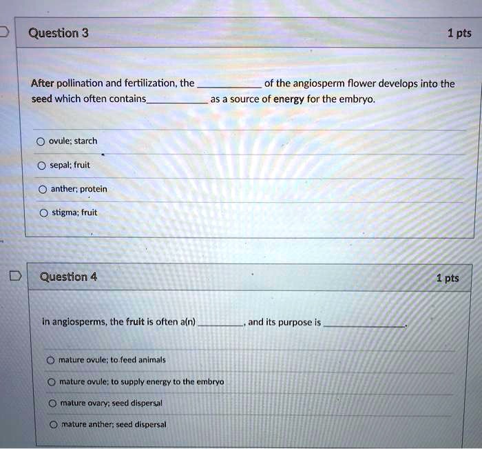 Question 3

After pollination and fertilization, the  of the angiosperm flower develops into the seed which often contains as a source of energy for the embryo.

ovule; starch
sepal; fruit
anther; protein
stigma; fruit

Question 4

In angiosperms, the fruit is often a(n) , and its purpose is .

mature ovule; to feed animals
mature ovule; to supply energy to the embryo
mature ovary; seed dispersal
mature anther; seed dispersal