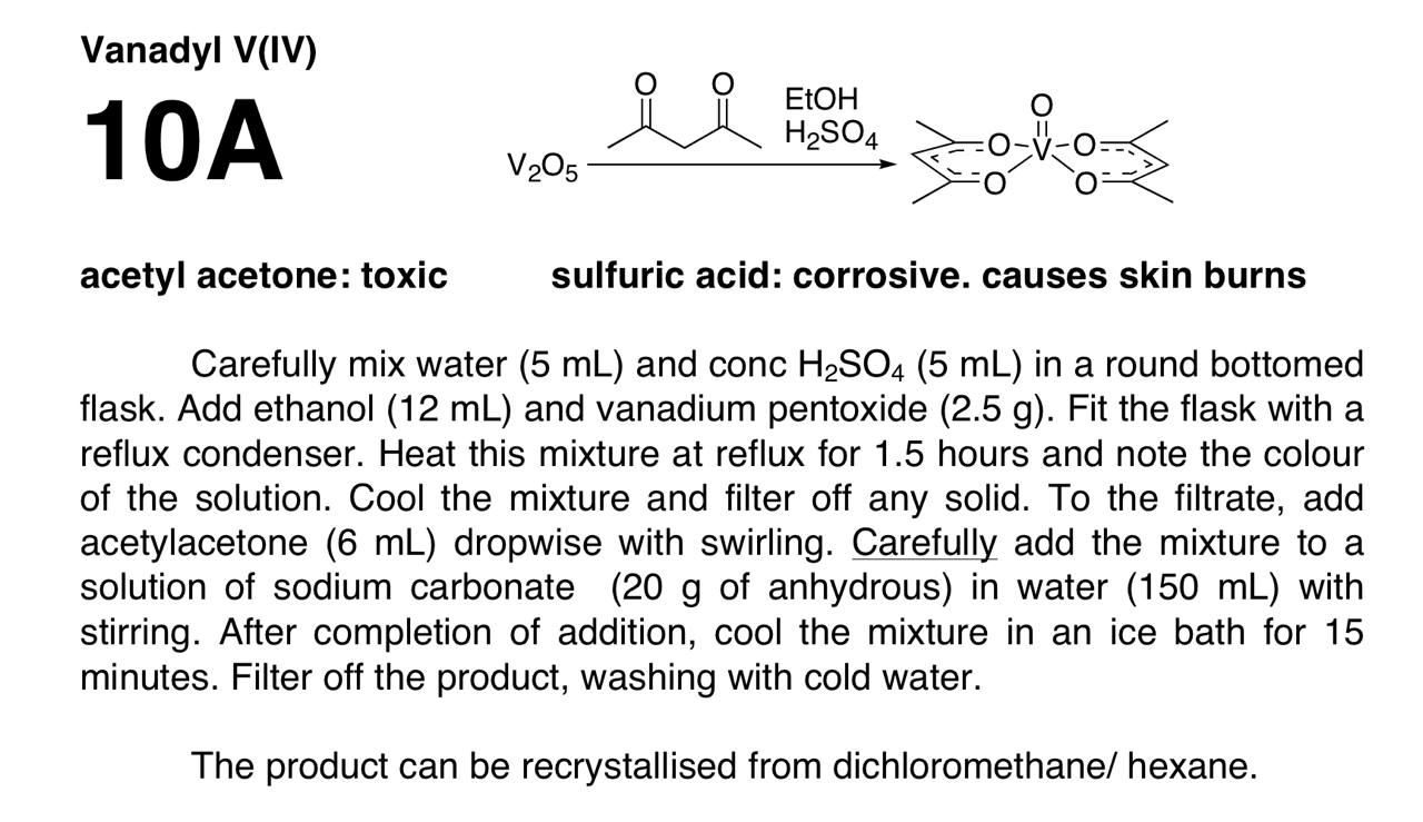 SOLVED Vanadyl V(IV) 10A acetyl acetone toxic sulfuric acid corrosive. causes skin burns