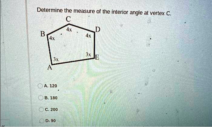 Determine the measure of the interior angle at vertex C. C 4x D B 4x 4x ...