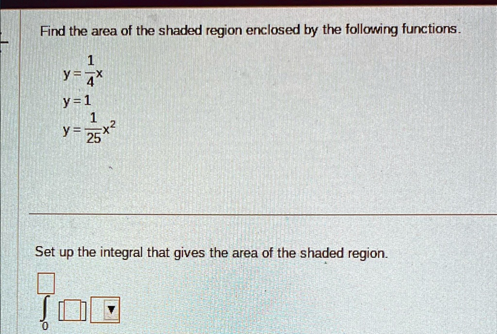 Find the area of the shaded region enclosed by the following functions.

y = (1)/(4)xy = 1y = (1)/(25)x^2Set up the integral that gives the area of the shaded region.