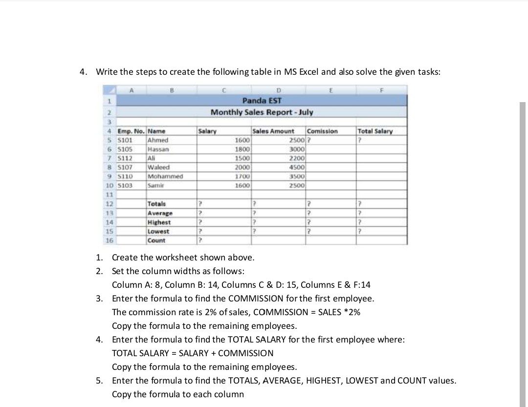 SOLVED: 4. Write The Steps To Create The Following Table In MS Excel ...