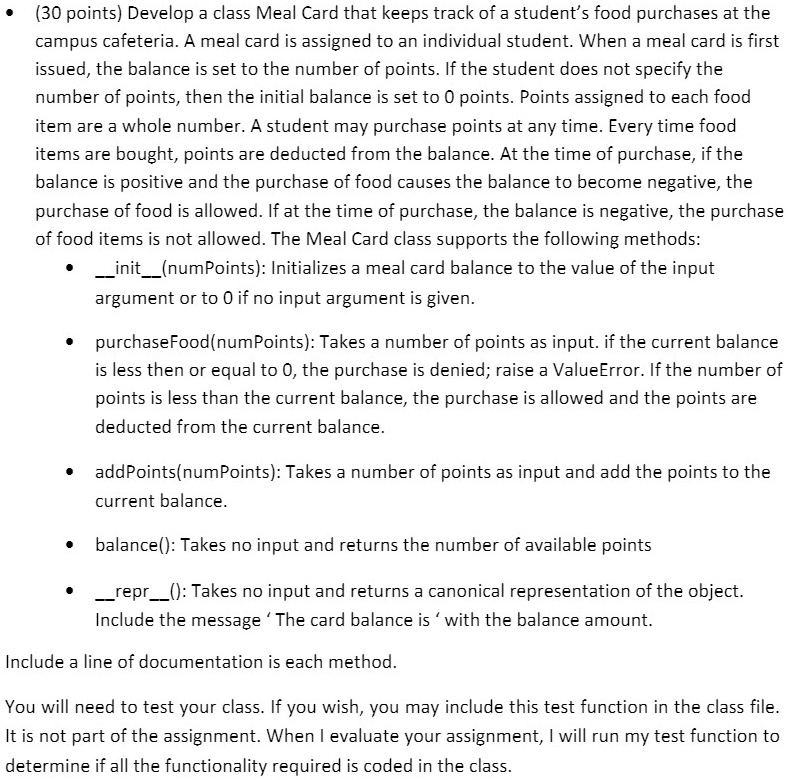 Food Card Assignment 30 points develop a class meal card that keeps track of a students food ...