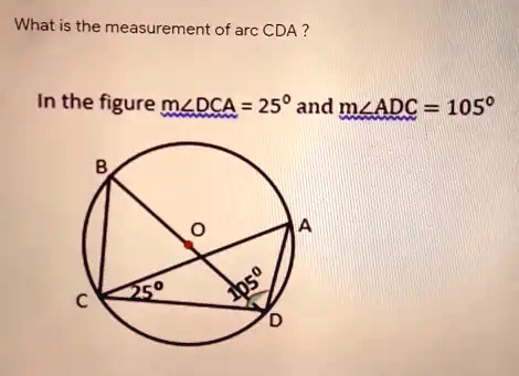 What is the measurement of arc CDA?
In the figure m∠ DCA = 25^∘ and m∠ ADC = 105^∘