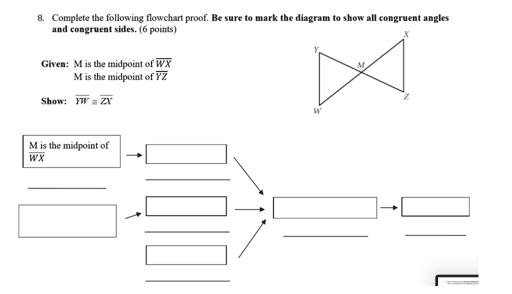 8. Complete the following flowchart proof. Be sure to mark the diagram to show all congruent angles and congruent sides. (6 points)

Given: M is the midpoint of WX
M is the midpoint of YZ

Show: YW ? ZX

M is the midpoint of WX