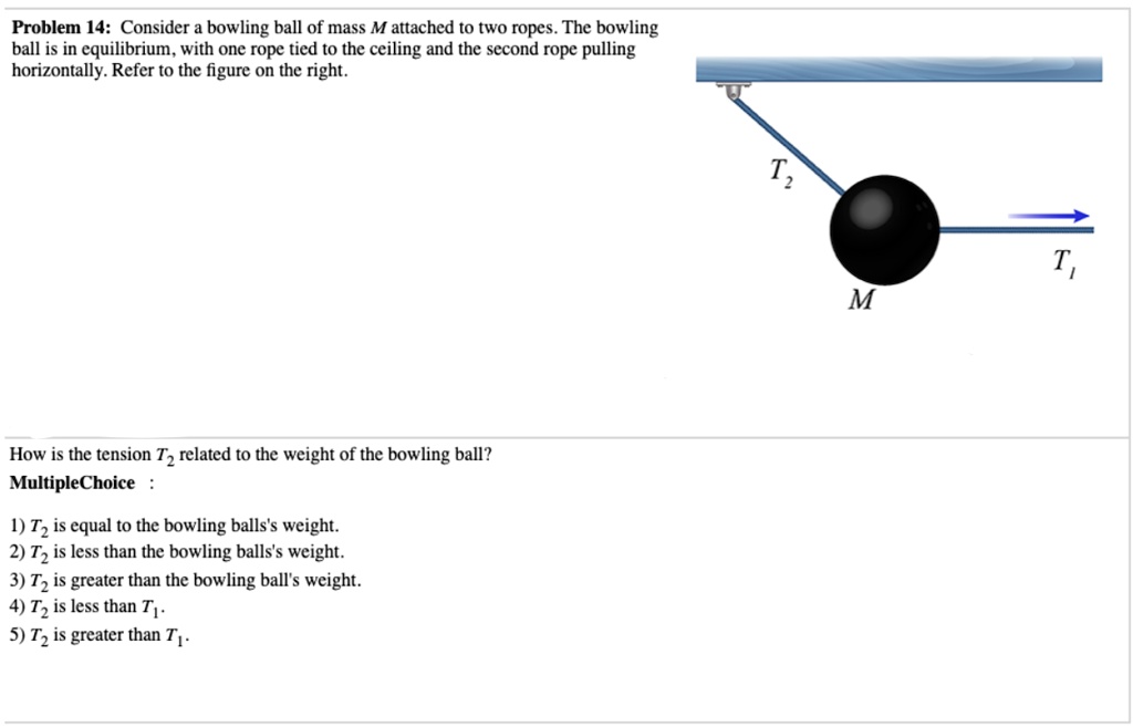 Physics Question Problem 14 Consider a bowling ball of mass M attached to two ropes. The