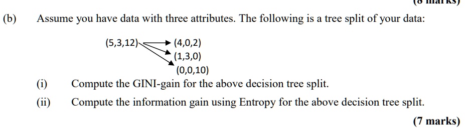 (b) Assume you have data with three attributes. The following is a tree split of your data:
(5,3,12) ? (4,0,2)
         ? (1,3,0)
         ? (0,0,10)
(i) Compute the GINI-gain for the above decision tree split.
(ii) Compute the information gain using Entropy for the above decision tree split.