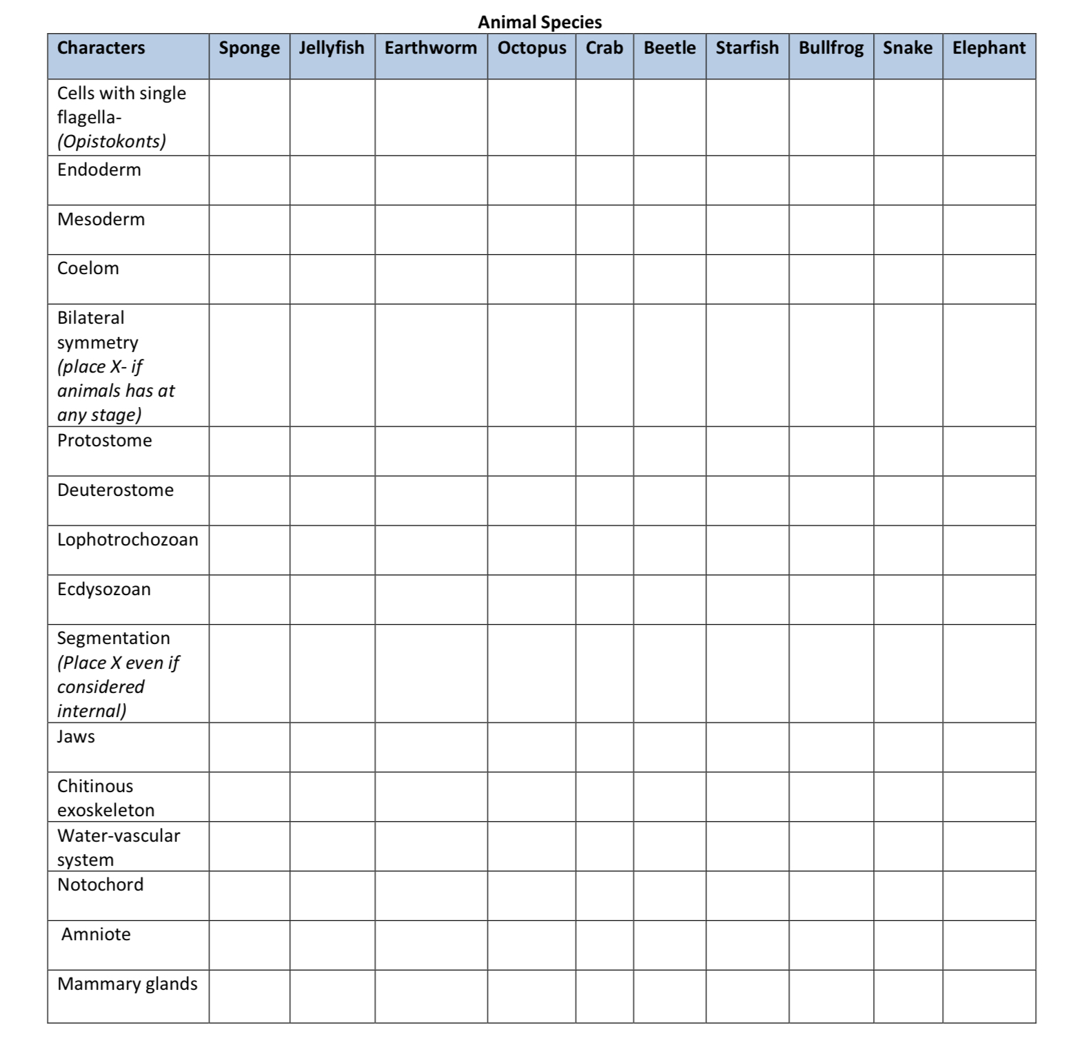SOLVED: Animal Species Characters Sponge Jellyfish Earthworm Octopus ...