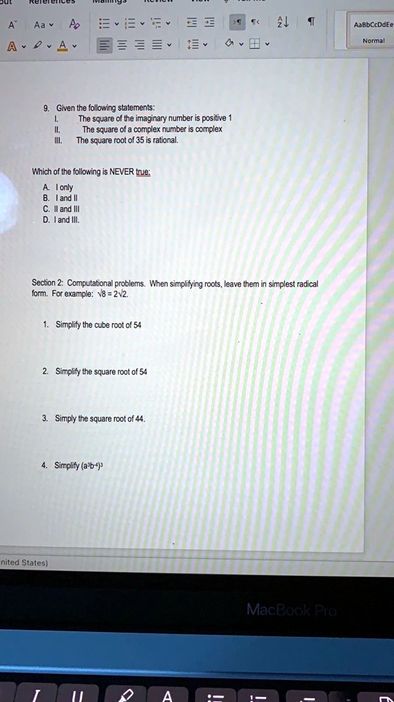 Solved 3 21 3 0 B Abbccddee V Normal Given The Following Statements The Square Of The Imaginary Number Is Positive The Square Of A Complex Number Complex The