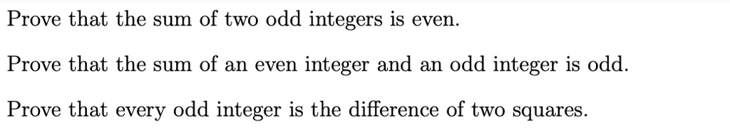 SOLVED: Prove that the sum of two odd integers is even. Prove that the ...