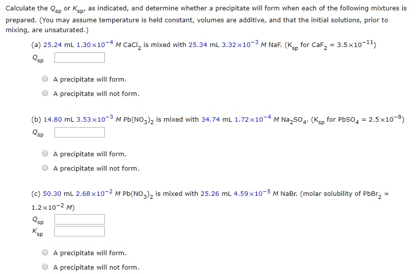 SOLVED Calculate the Qsp or Ksp' 3s indicated and determine whether