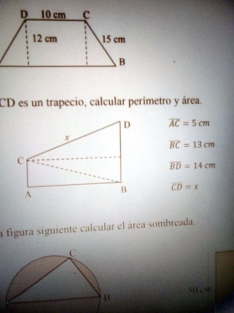 SOLVED: Si ABCD es un trapecio calcular área y perimetro IOcm 12 cm 1S ...