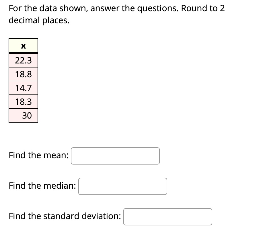 For the data shown, answer the questions. Round to 2 decimal places.

x
22.3
18.8
14.7
18.3
30

Find the mean:
Find the median:
Find the standard deviation: