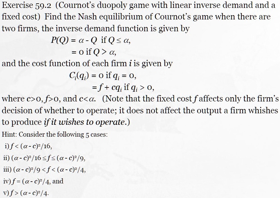 SOLVED Exercise 59.2 (Cournot's duopoly game with linear inverse