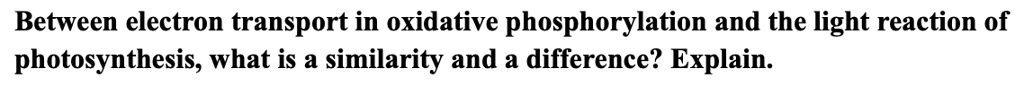 Between electron transport in oxidative phosphorylation and the light reaction of photosynthesis, what is a similarity and a difference? Explain.