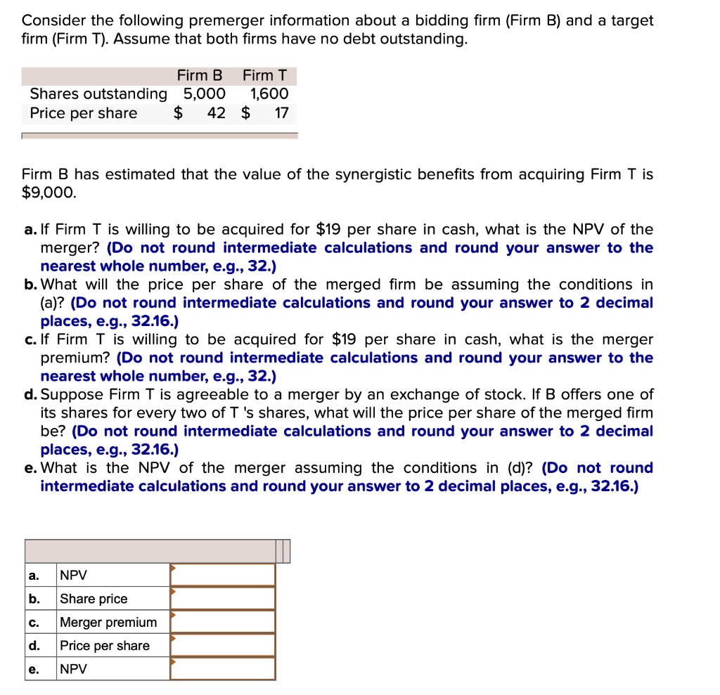 Consider The Following Premerger Information About A Bidding Firm Firm ...