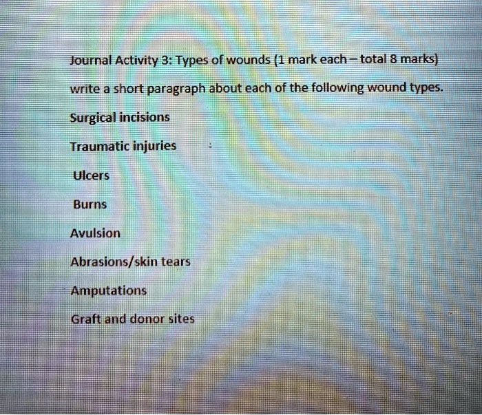 SOLVED: Text: Journal Activity 3: Types of Wounds (1 mark each, total 8 ...