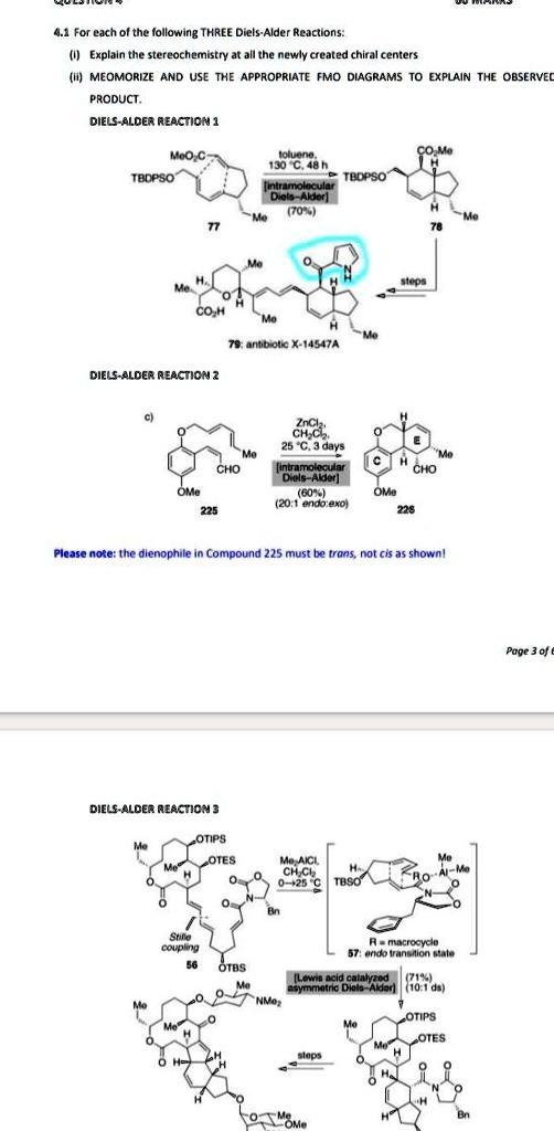 SOLVED: 4.1 For each of the following THREE Diels-Alder Reactions: 1 ...