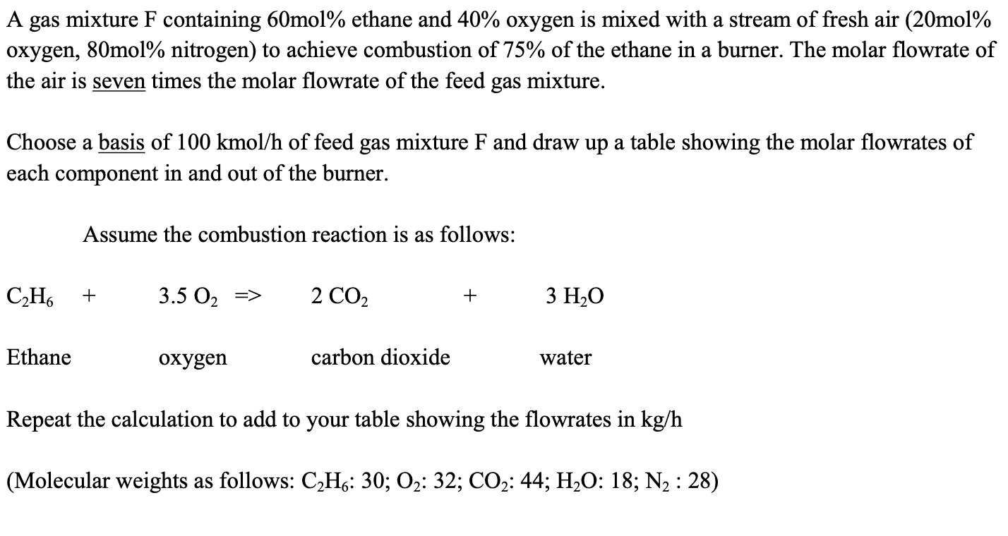 SOLVED A gas mixture F containing 60 mol ethane and 40 oxygen is