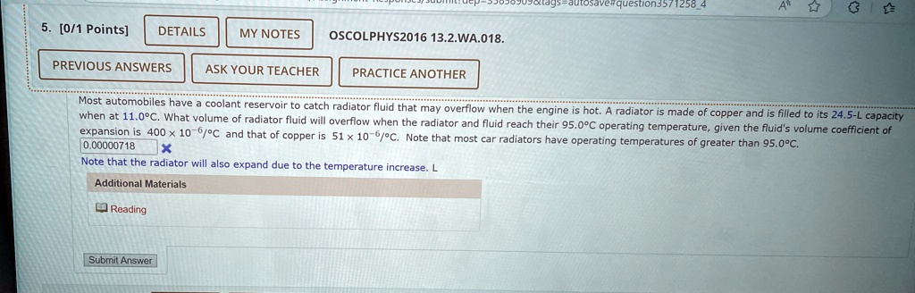 5 01 points details my notes oscolphys2016 132wa018 previous answers ask your teacher practice another most automobiles have a coolant reservoir to catch radiator fluid that may overflow whe 16186