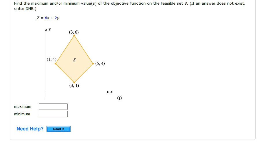 Find the maximum and/or minimum value(s) of the objective function on the feasible set S. (If an answer does not exist, enter DNE.)
Z = 6x + 2y
maximum
minimum