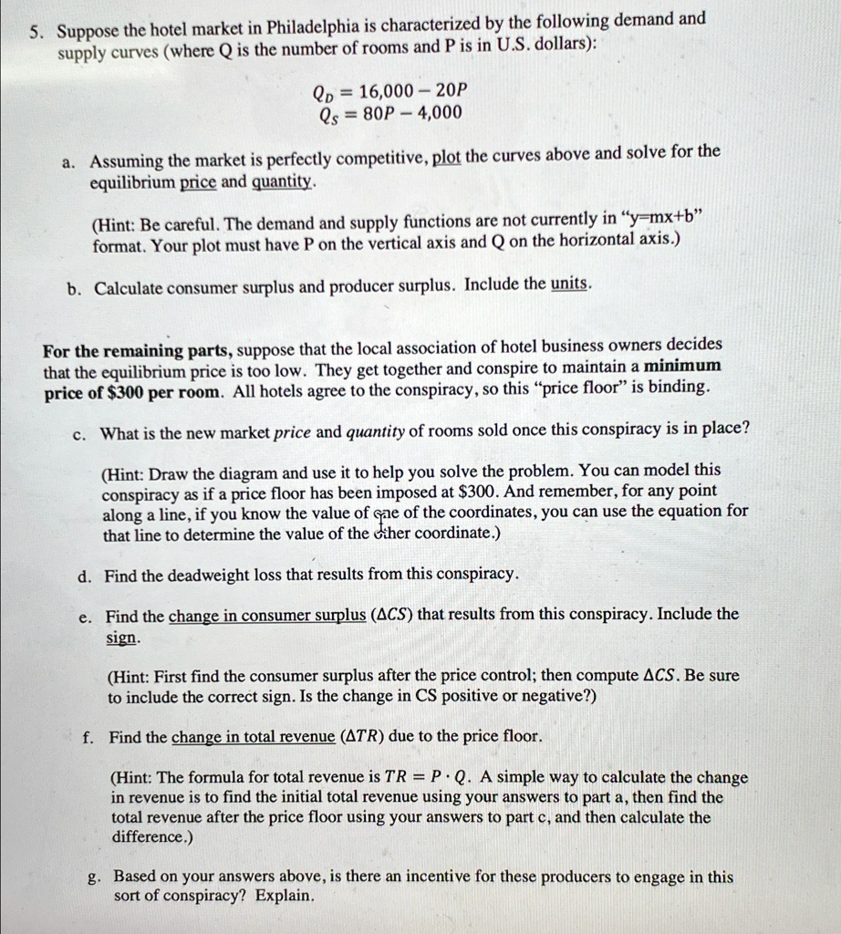 suppose the hotel market in philadelphia is characterized by the following demand and supply curves where q is the number of rooms and p is in us dollars qd16000 20p qs80p 4000 a assuming  26537