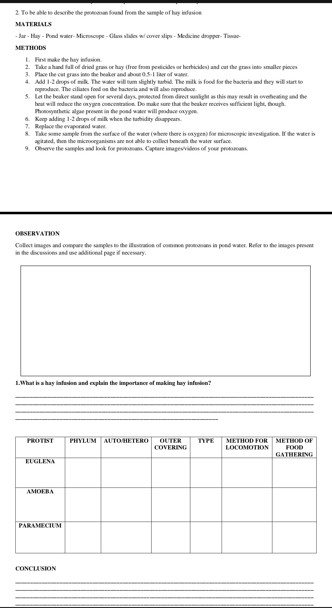 2. To be able to describe the protozoan found from the sample of hay ...