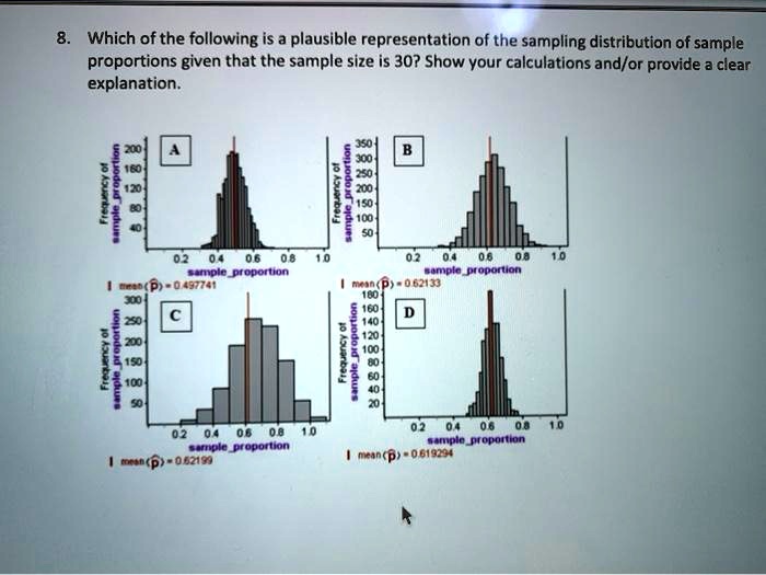 8. Which of the following is a plausible representation of the sampling distribution of sample proportions given that the sample size is 30? Show your calculations and/or provide a clear explanation.

A
Frequency of sampleproportion
200
160
120
80
40
0.2 0.4 0.6 0.8 1.0
sampleproportion
mean (p?) = 0.497741

B
Frequency of sampleproportion
350
300
250
200
150
100
50
0.2 0.4 0.6 0.8 1.0
sampleproportion
mean (p?) = 0.62133

C
Frequency of sampleproportion
300
250
200
150
100
50
0.2 0.4 0.6 0.8 1.0
sampleproportion
mean (p?) = 0.62199

D
Frequency of sampleproportion
180
160
140
120
100
80
60
40
20
0.2 0.4 0.6 0.8 1.0
sampleproportion
mean (p?) = 0.619294