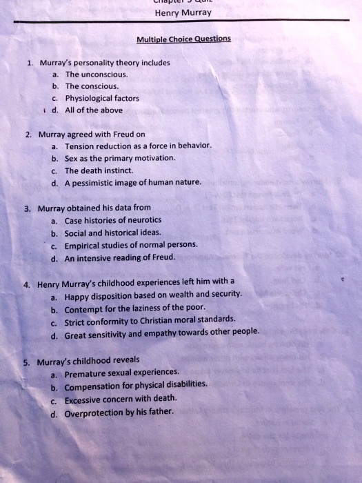 SOLVED Multiple Choice Questions 1. Murray s personality theory