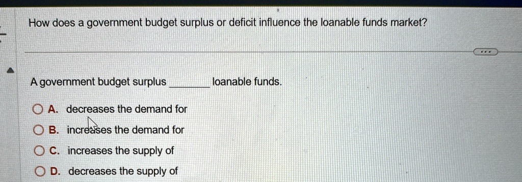 How does a government budget surplus or deficit influence the loanable funds market?
A government budget surplus  loanable funds.
A. decreases the demand for
B. increases the demand for
C. increases the supply of
D. decreases the supply of