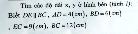 Tìm các ?? dài x, y ? hình bên (hình 1):
Bi?t DE || BC, AD=4(cm), BD = 6(cm)
, EC = 9(cm), BC = 12(cm)