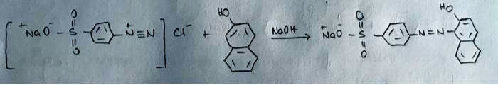 [NaO?-S(=O)(=O)-c1ccccc1-N?N]? Cl? + NaOH ? [NaO?-S(=O)(=O)-c1ccccc1-N=N-c1cccc2ccccc12]? + HCl