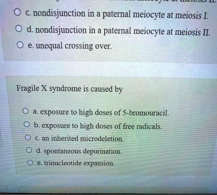 c. nondisjunction in a paternal meiocyte at meiosis I.
d. nondisjunction in a paternal meiocyte at meiosis II.
e. unequal crossing over.
Fragile X syndrome is caused by
a. exposure to high doses of 5-bromouracil.
b. exposure to high doses of free radicals.
c. an inherited microdeletion.
d. spontaneous depurination.
e. trinucleotide expansion.