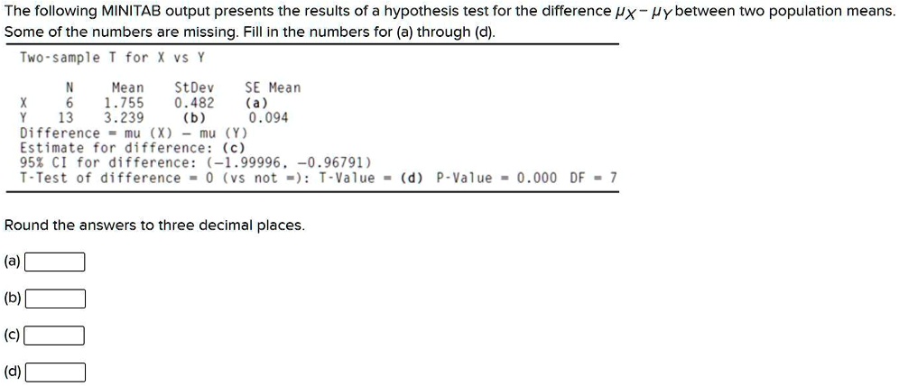 Solved The Following Minitab Output Presents The Results Of A Hypothesis Test For The Difference Px Vybetween Two Population Means Some Of The Numbers Are Missing Fill In The Numbers For A Through