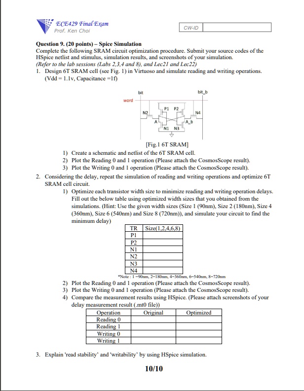 SOLVED: ECE429 Final Exam Prof. Ken Choi CW/-ID Question 9. (20 points ...